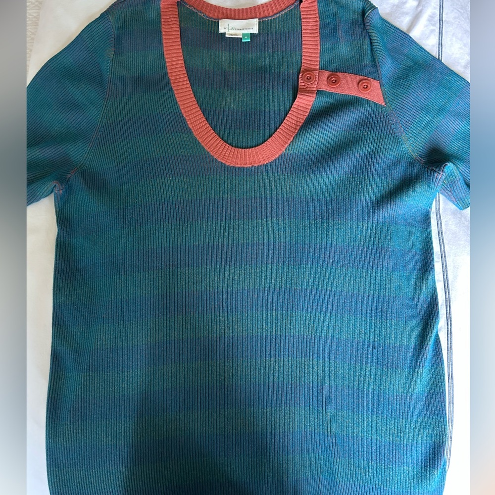 Anthropologie Teal and Coral Knit Top